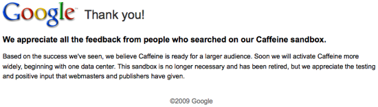 Bericht op site Google Caffeine